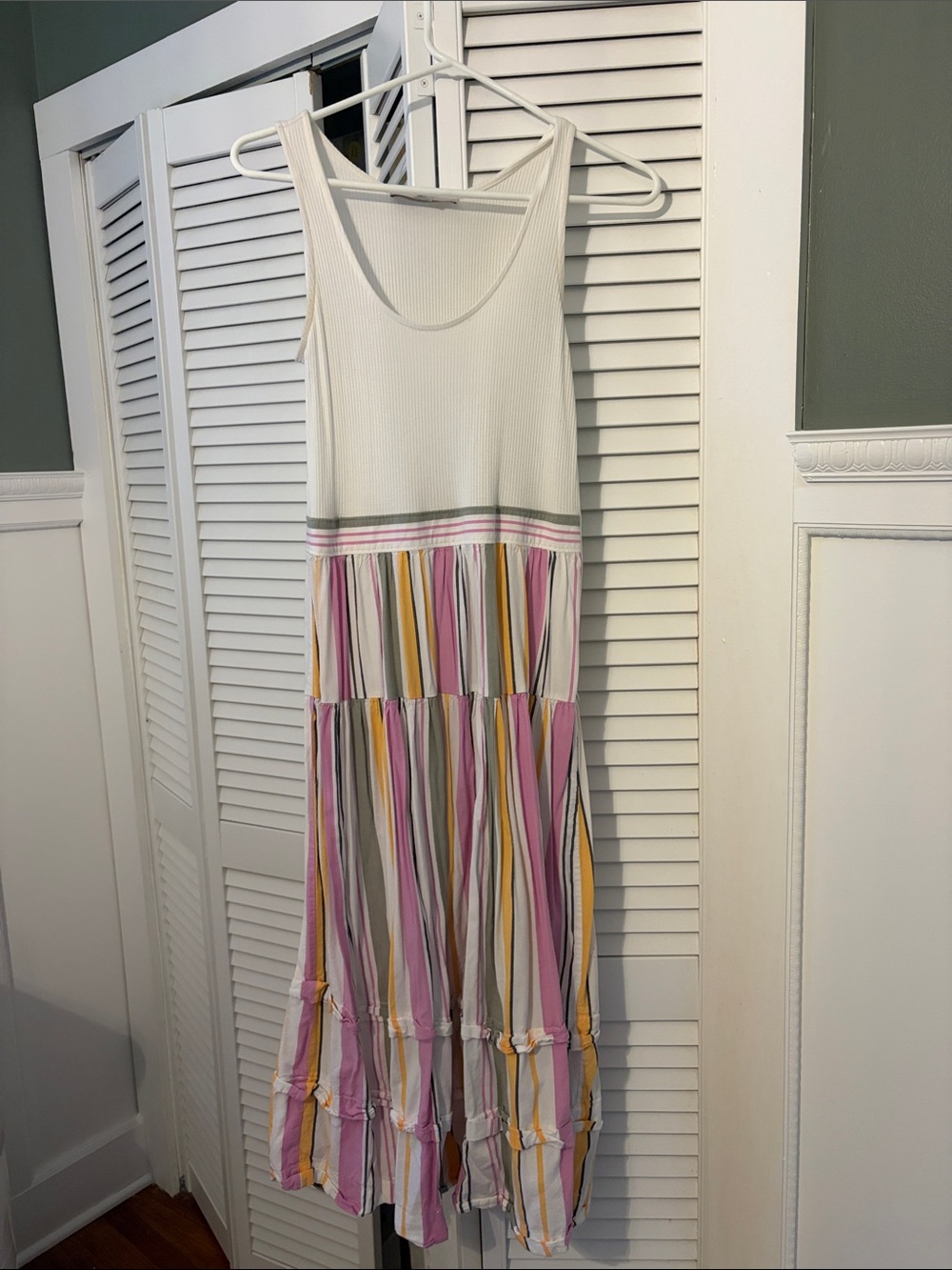 LOFT White Tank Maxi Dress with Pink, Yellow & Gray Stripes